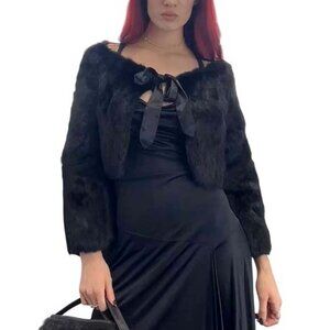 Vintage Y2K BEBE Black 100% Rabbit Fur Silk Bow Crop Bolero Shawl Jacket S